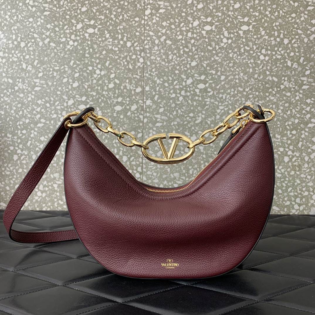 Valentino Garavani VLogo Moon Small Hobo Bag in Burgundy Nappa Leather 